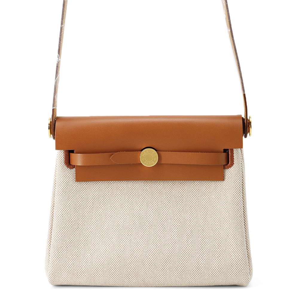 HERMES Herbag zip Ecru/Fauve Toile Military Vache Hunter Leather Size Mini