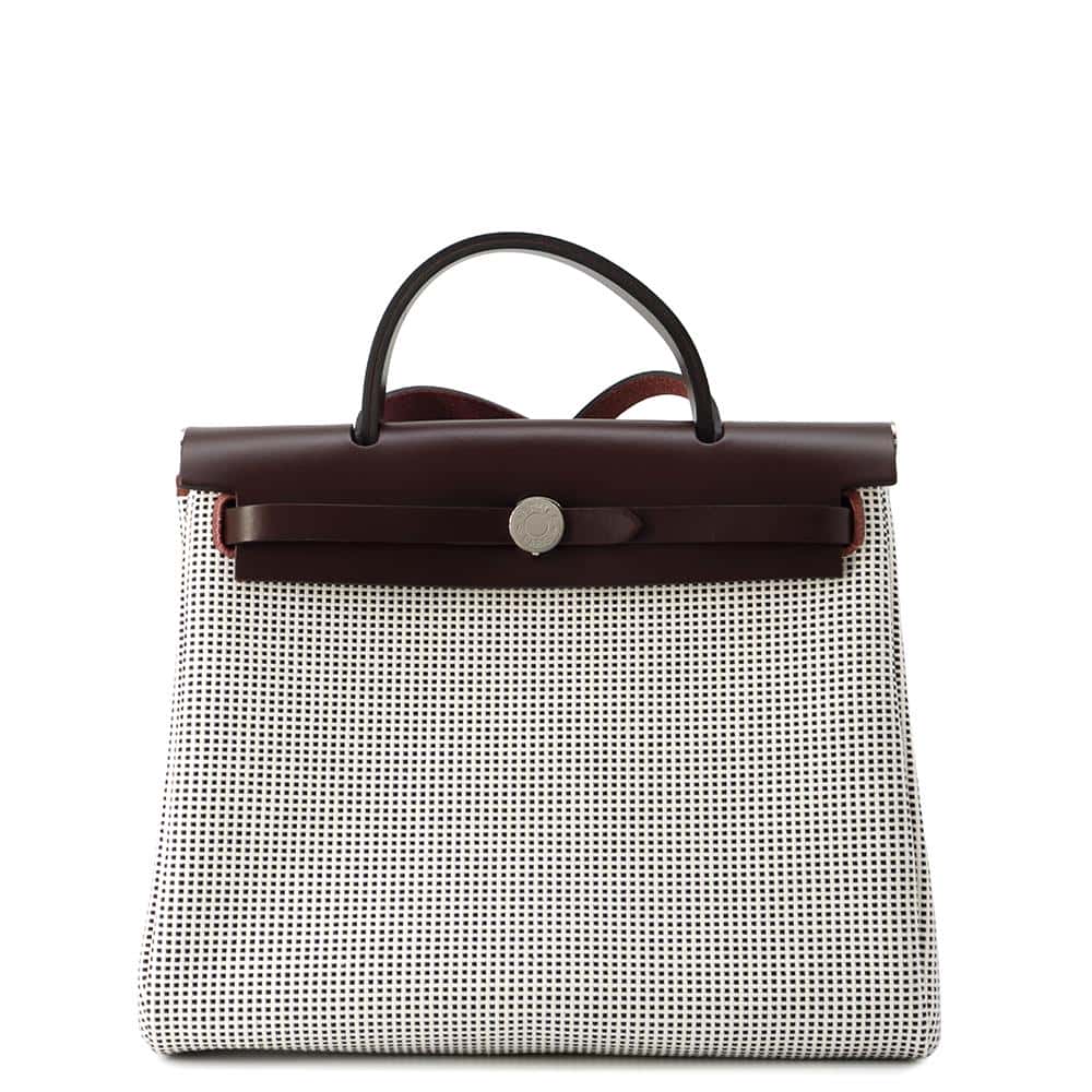 HERMES Herbag zip RougeSellier/Black/White Toile Quadrille Vache Hunter Leather Size 31(PM)