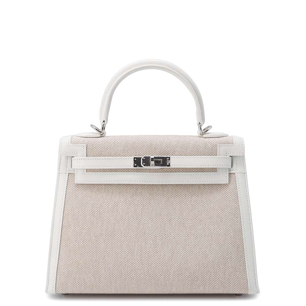 HERMES Kelly Sellier Ecru/New White Toile H Swift Leather Size 25