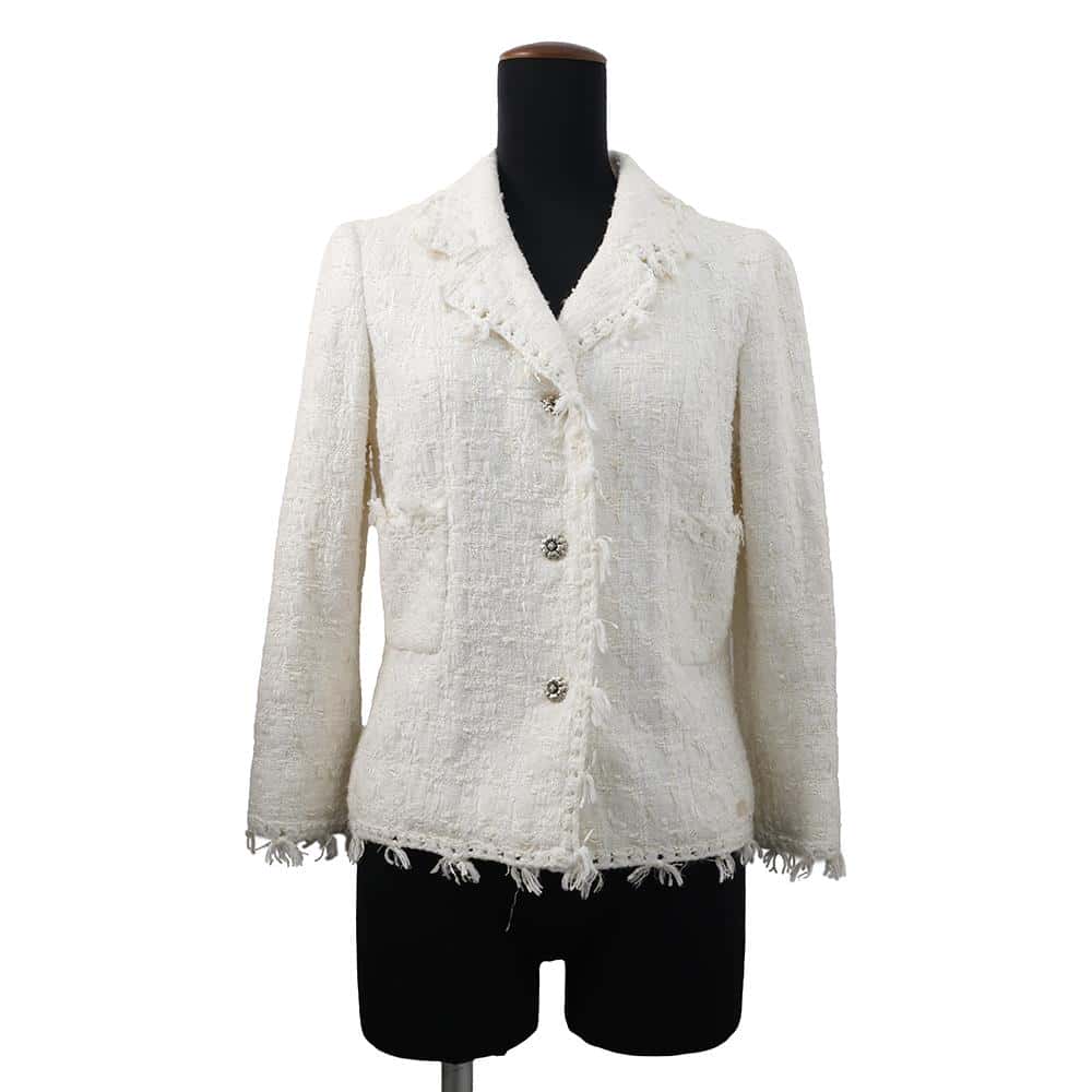 CHANEL CamelliaButton Tweed Jacket Size 36 WhiteP24873 Cotton52% Rayon16% Acryl12% Polyurethane9% Polyester8% Wool 3%