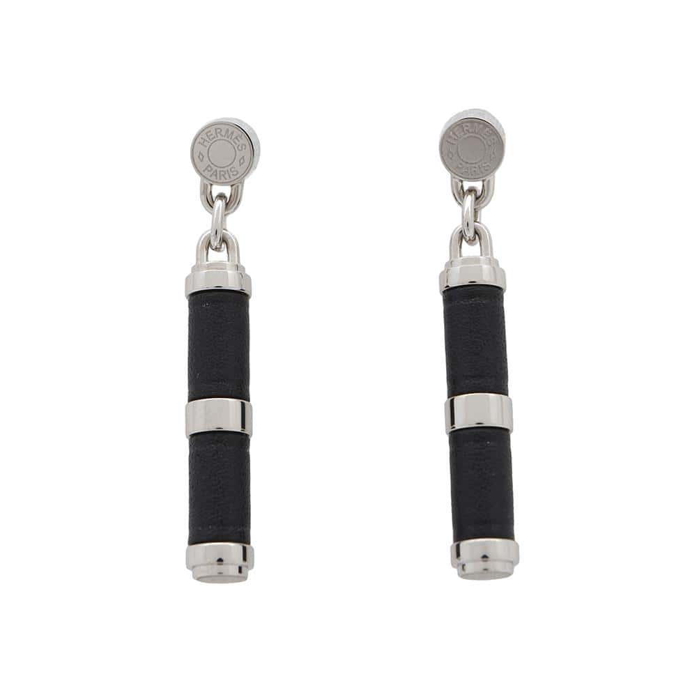 HERMES Charnière Earrings Size PM Black Swift Leather Metal