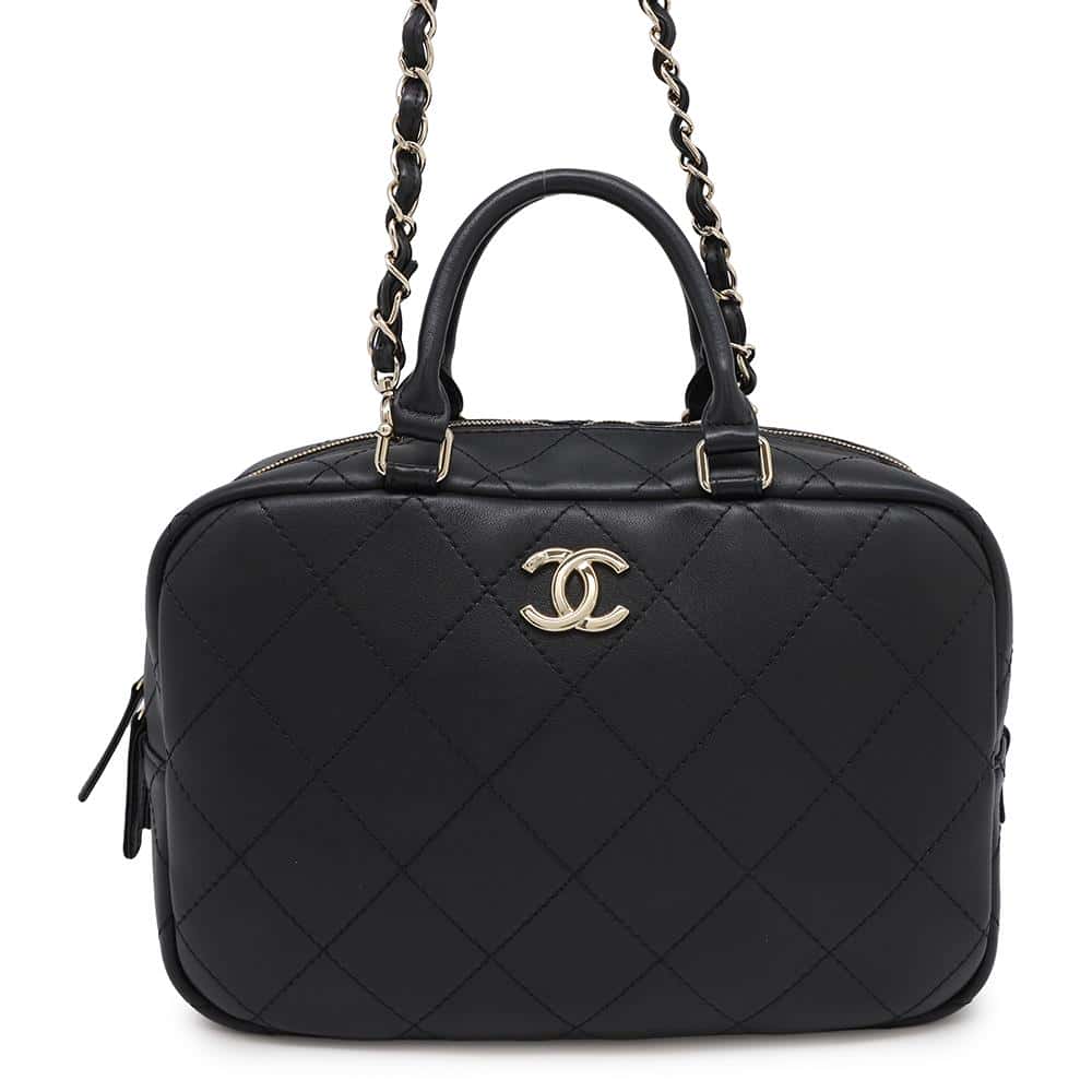 CHANEL Matelasse Bowling 2WAY Handbag Black Calf Leather