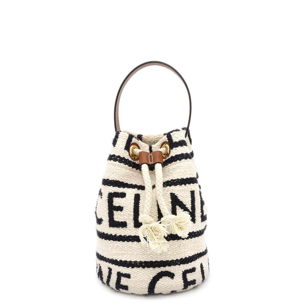 CELINE Teen Drawstring Handbag White/Black/Brown196532EFY Cotton Calf Leather