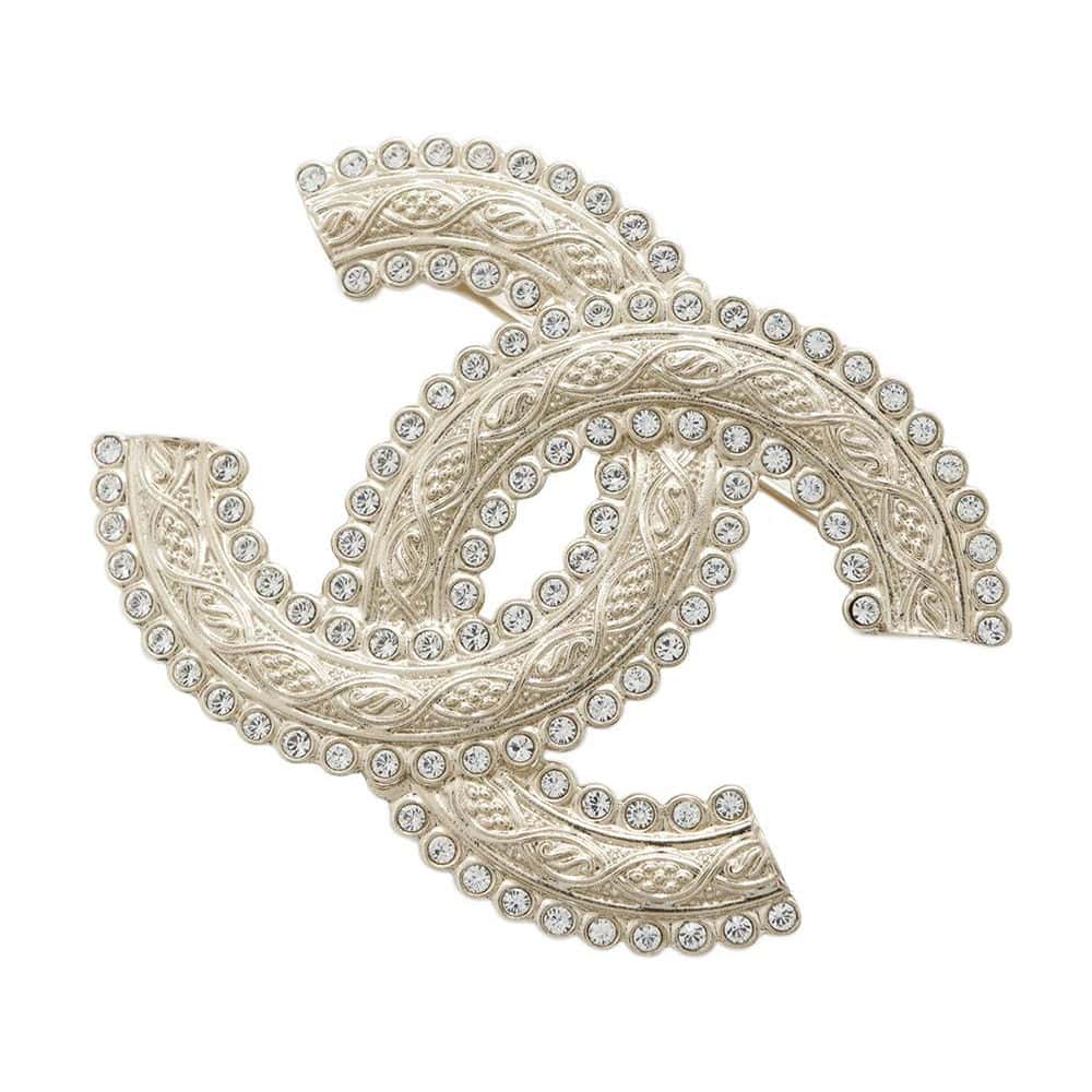 CHANEL CC Logo Brooch Champagne Gold Metal Rhinestone