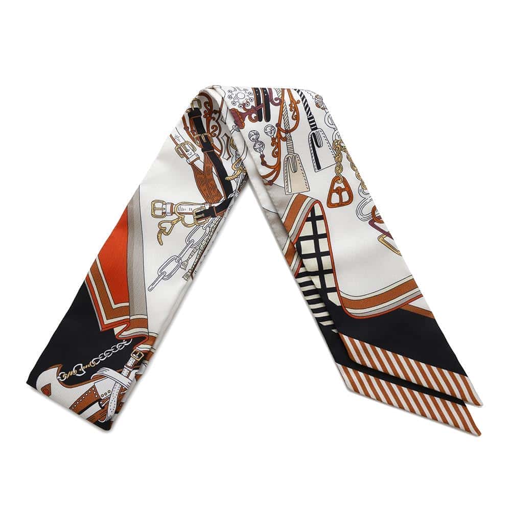 HERMES Twilly Bouquets Sellie Saddler's Bouquet Blanc/Black/Caramel Silk100%