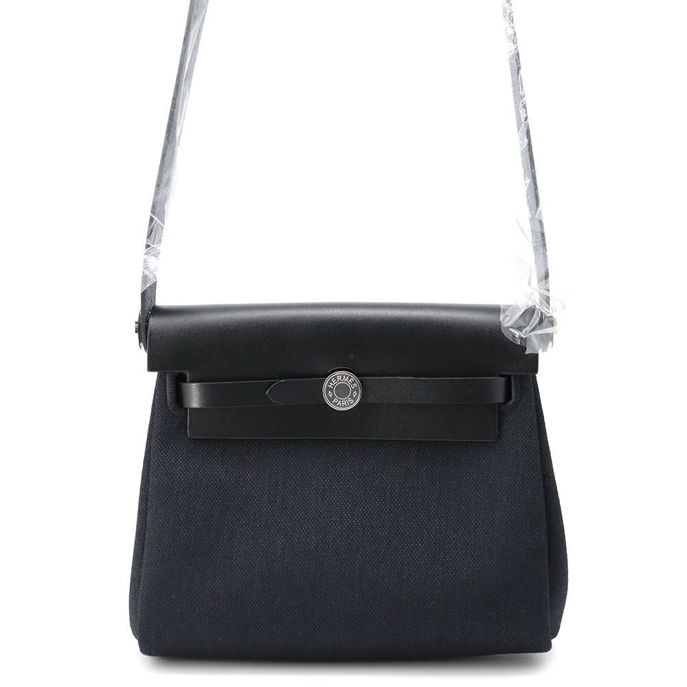 HERMES Herbag zip Black Toile Military Vache Hunter Leather Size Mini