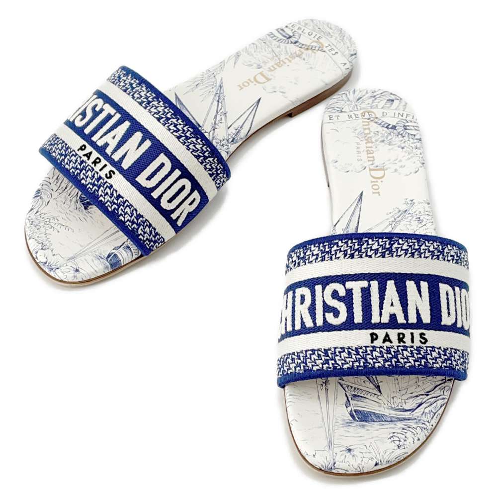 Dior Dway Slide Sandals Toile de Jouy Blue/WhiteKCQ209RIY Leather Canvas Size 36 1/2