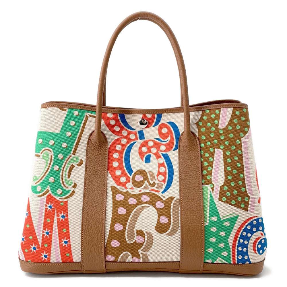 HERMES Garden Party Electric Capucines/Ecru/Beige/Gold Toile HPlume Negonda Leather Size PM