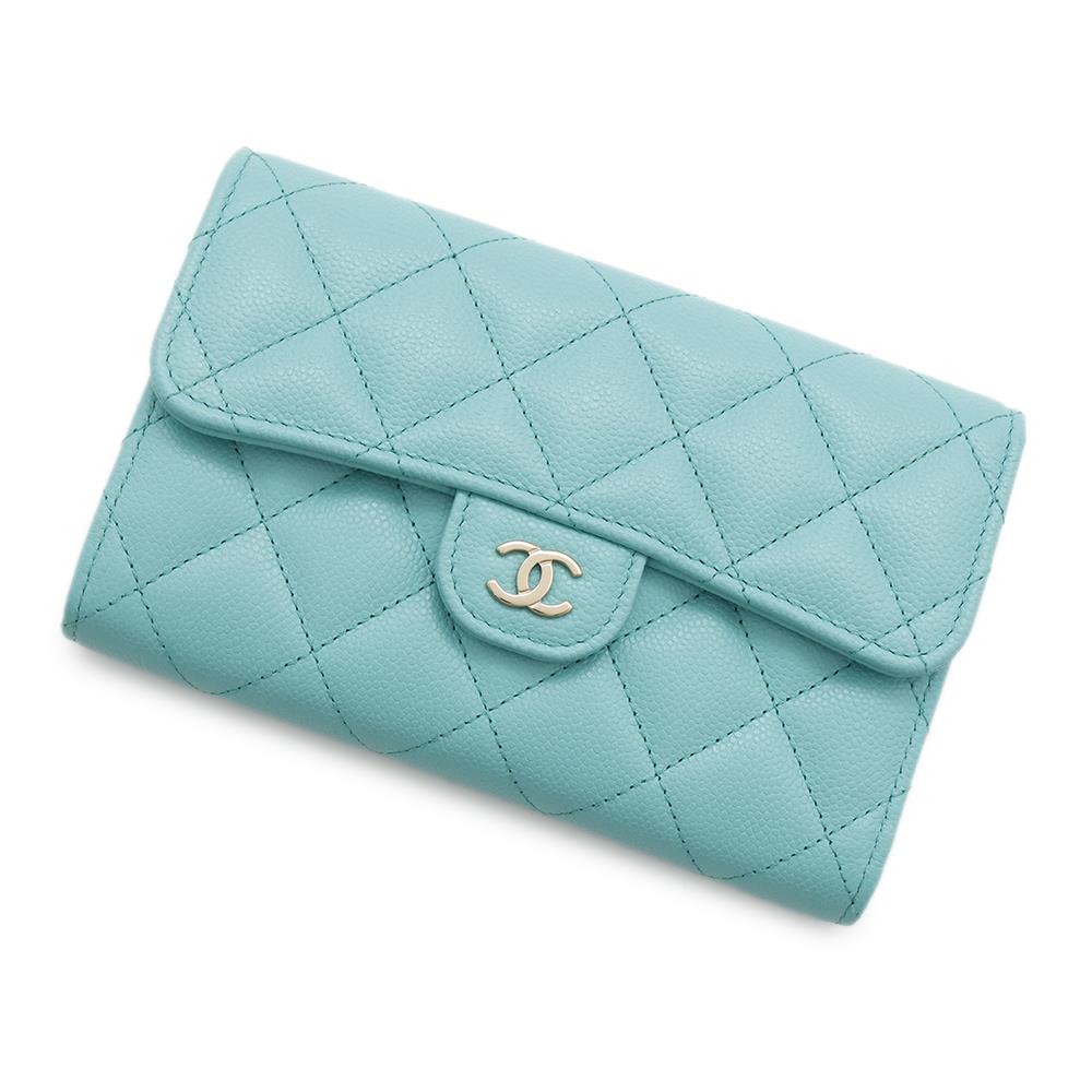CHANEL Matelasse Medium Wallet Turquise BlueAP0232 Caviar Leather