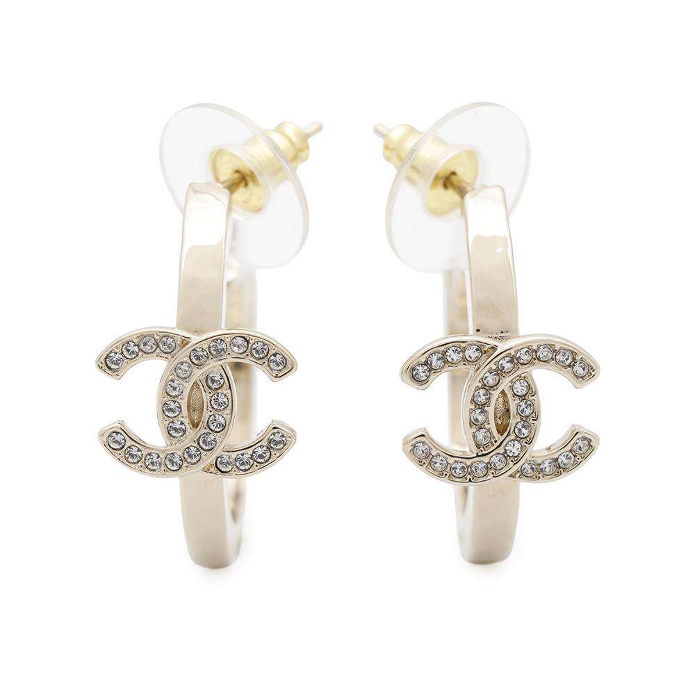 CHANEL CC Logo Star Hoop Earrings Champagne GoldABB493 Metal Rhinestone