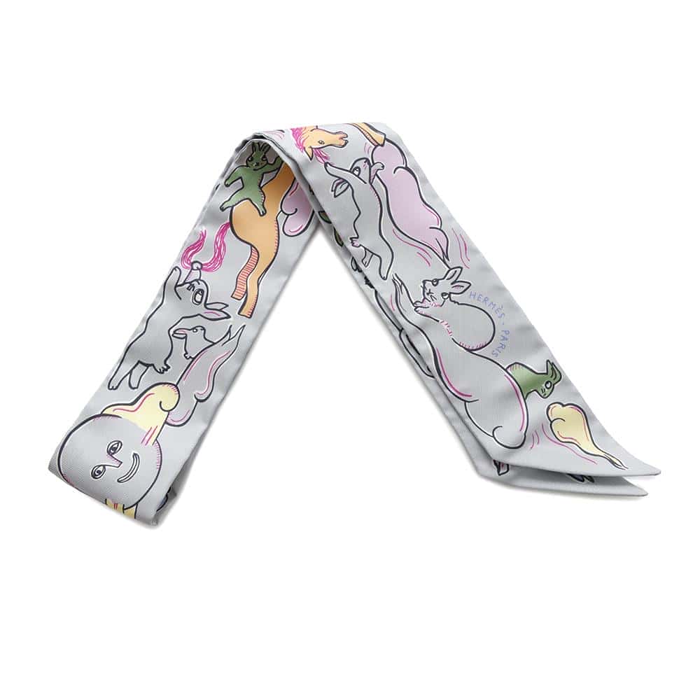 HERMES Twilly One Thousand and One Rabbits Grease pail/Rose/Jaune Silk100%
