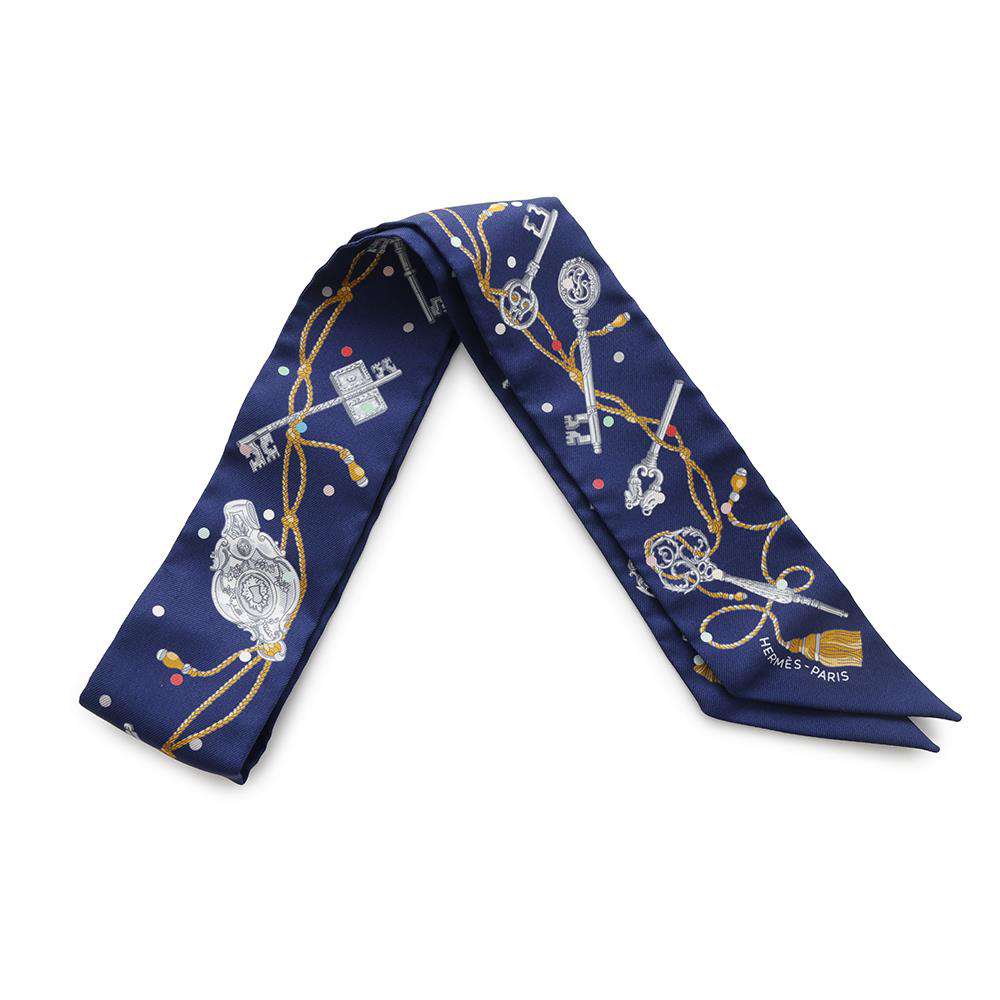 HERMES Twilly LE CLES A POIS Marine/Grease Algeon Silk100%
