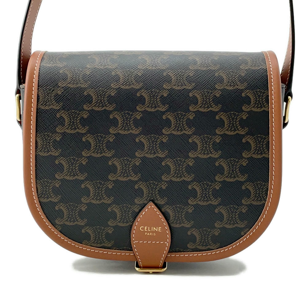 CELINE Triomphe Folco Shoulder Bag Tan191502 PVC Coated Canvas Leather Size Medium