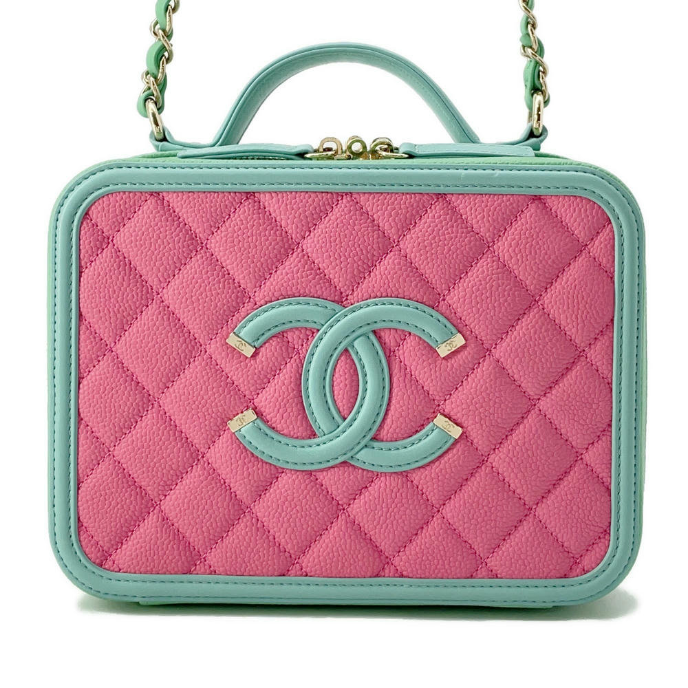CHANEL CCFiligree Vanity ChainShoulder Bag Pink/GreenA93343 Caviar Leather