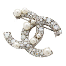Load image into Gallery viewer, CHANEL CC Logo Brooch Silver Metal Faux Pearl  Rhinestone
