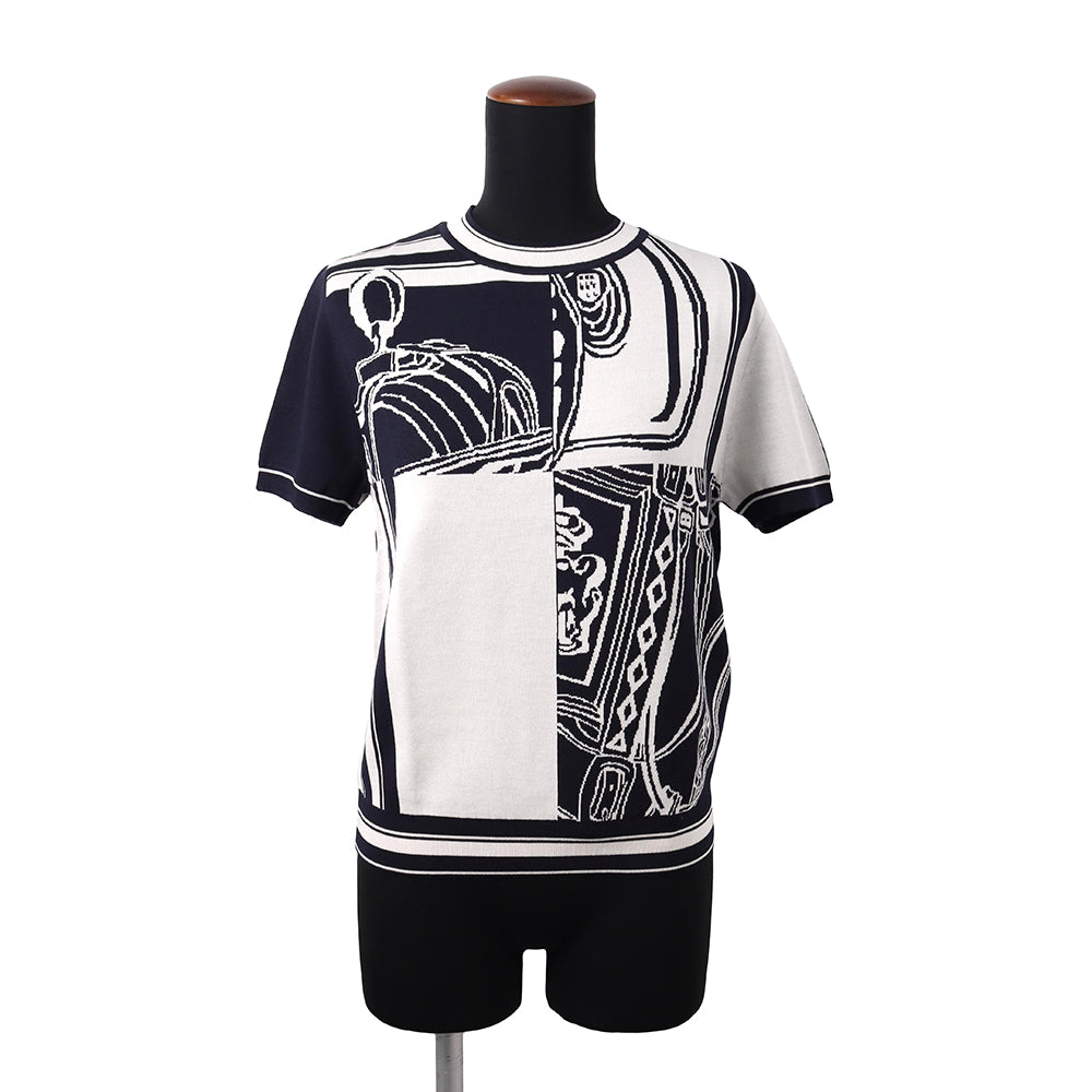 HERMES Knit Brides de Gala Short Sleeve Size 38 Navy/White Silk92% Nylon6% Polyurethane2%