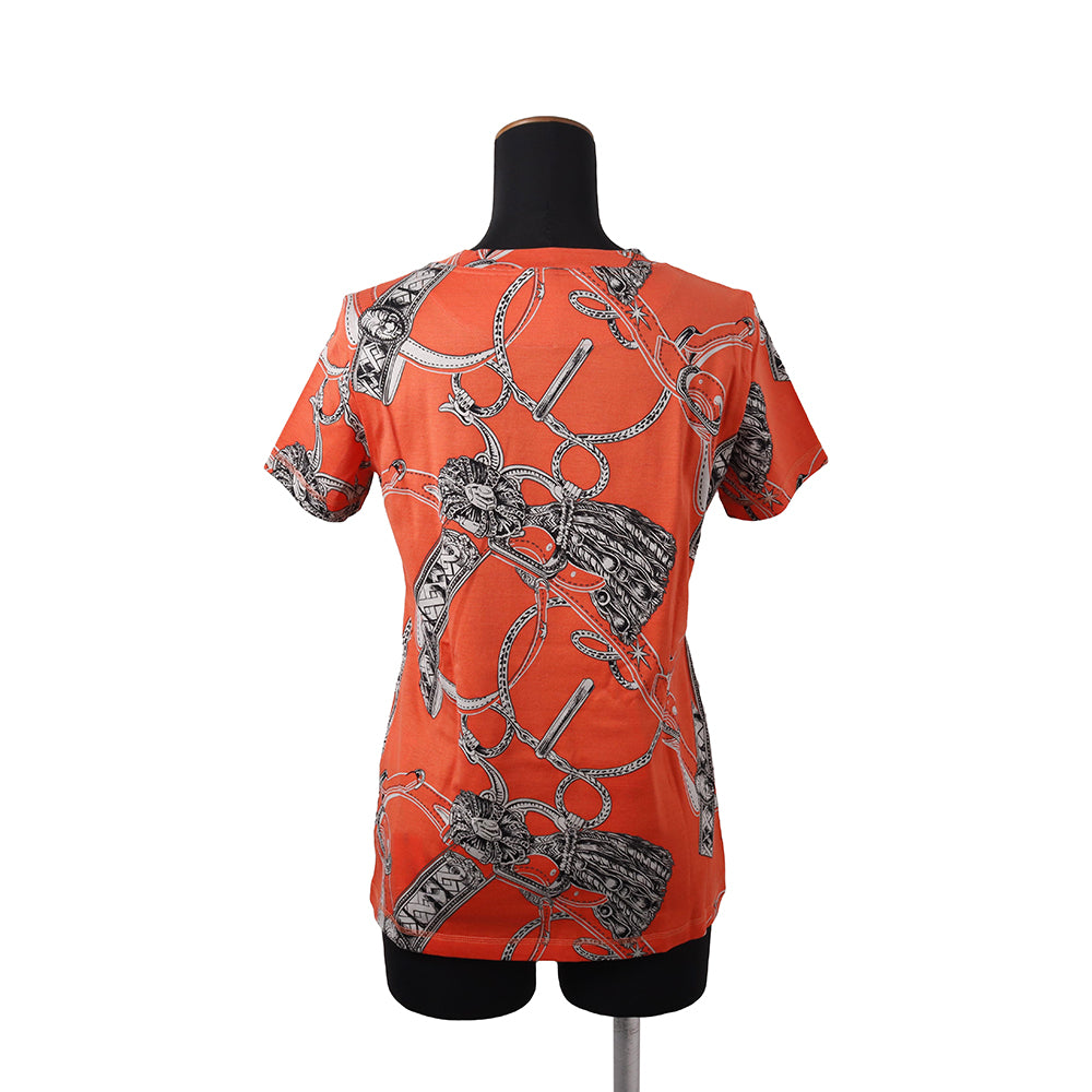 HERMES グラフィックTシャツ Lサイズ HERMES All-over print T-shirt Size 38 Orange/Gray Cotton100