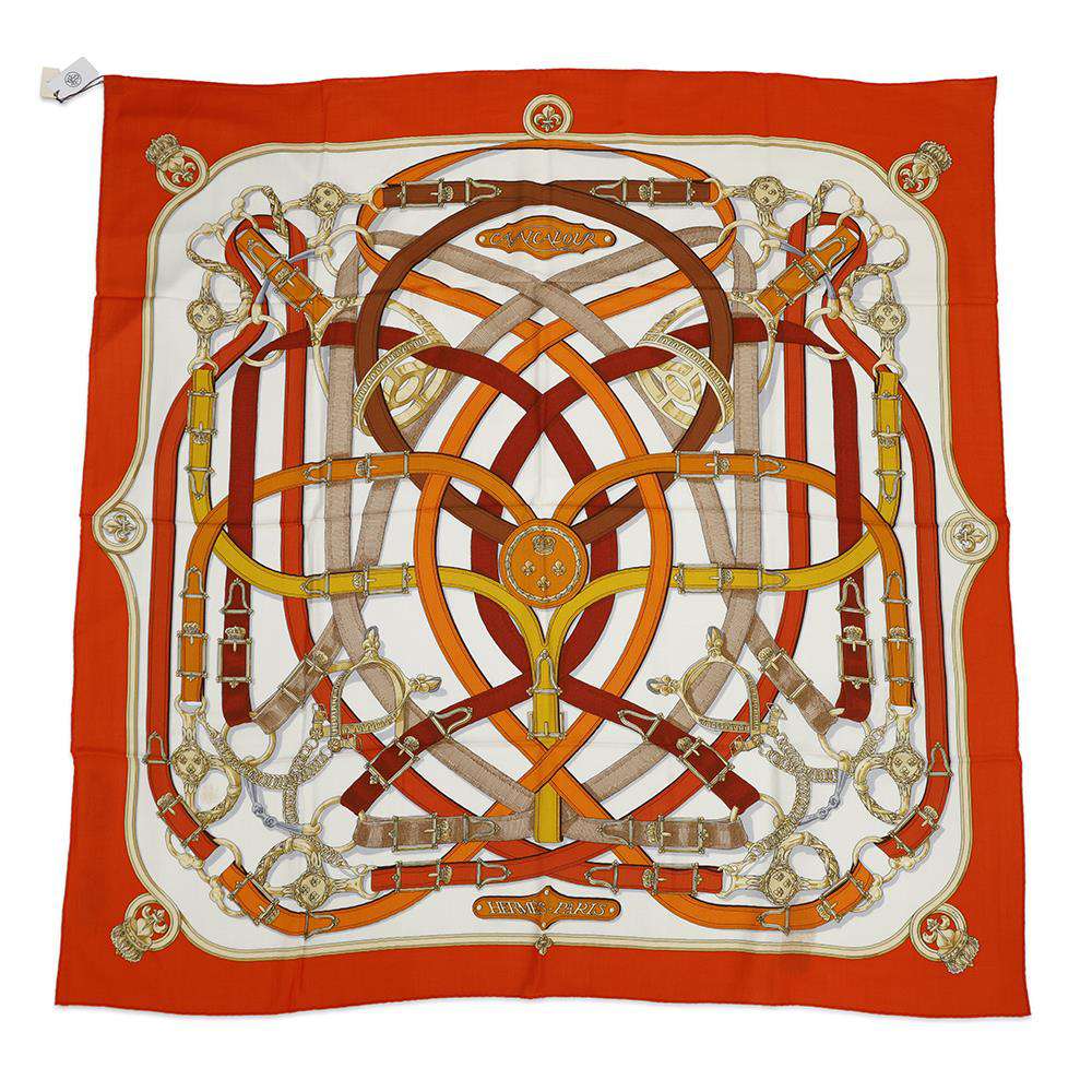 HERMES Scarf Carre Cavalcadour Size 140 Orange/Blanc/Brown Cashmere 70% Silk 30%