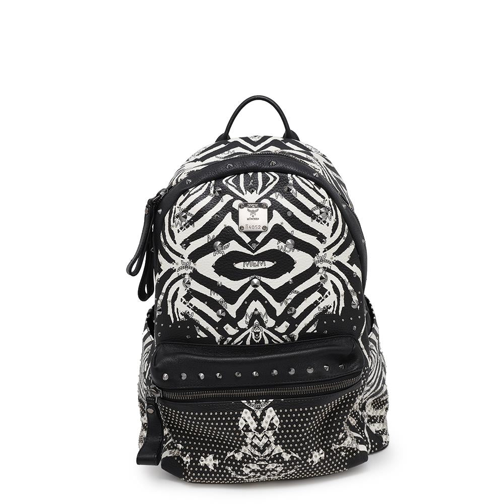 MCM Visetos Logogram Zebra Studded Backpack White/Black PVC Coated Canvas Leather