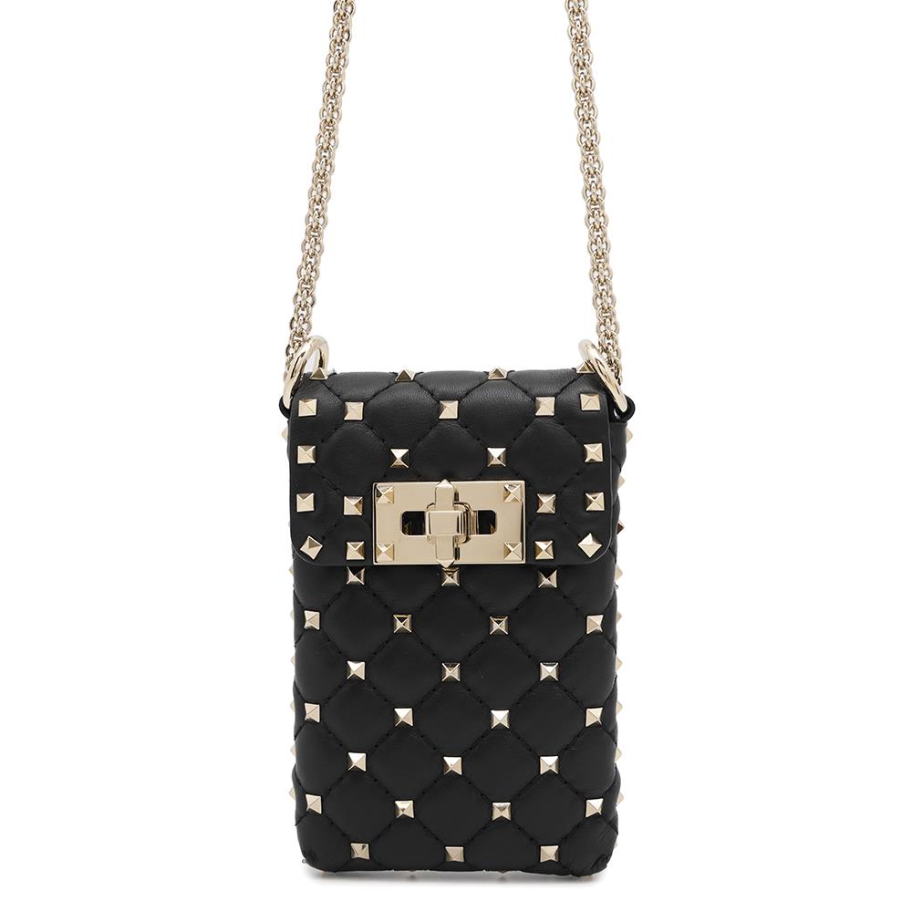 Valentino Garavani Rock Studded ChainShoulder Phone Case Black Leather
