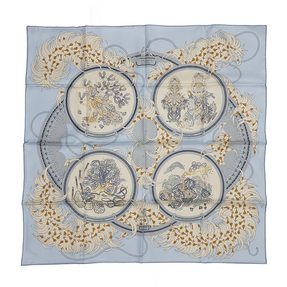 HERMES Carre Legende Brodee Embroidery's Legend Size 90 Blue Ciel/Cream Silk100%