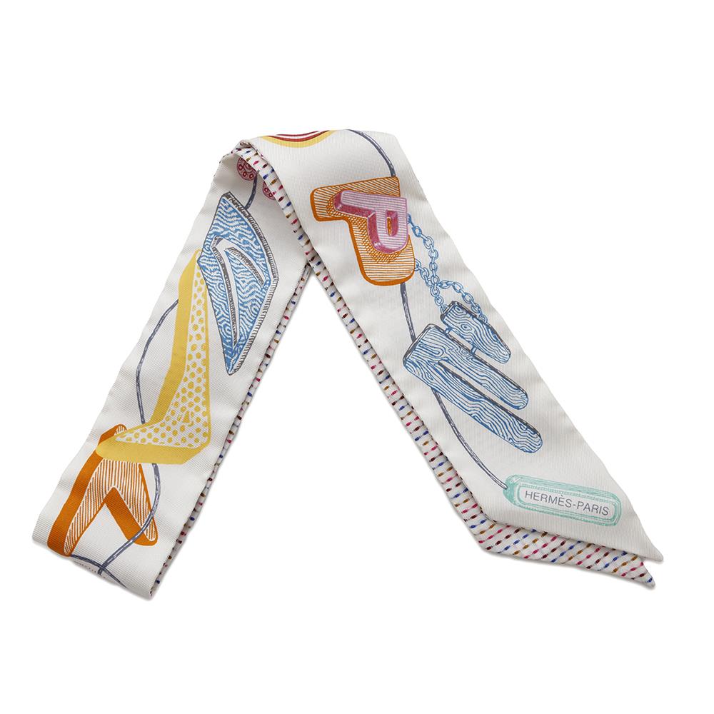 HERMES Twilly Chevroscope Neon Pointier Blanc/Rose/Vert Silk100%