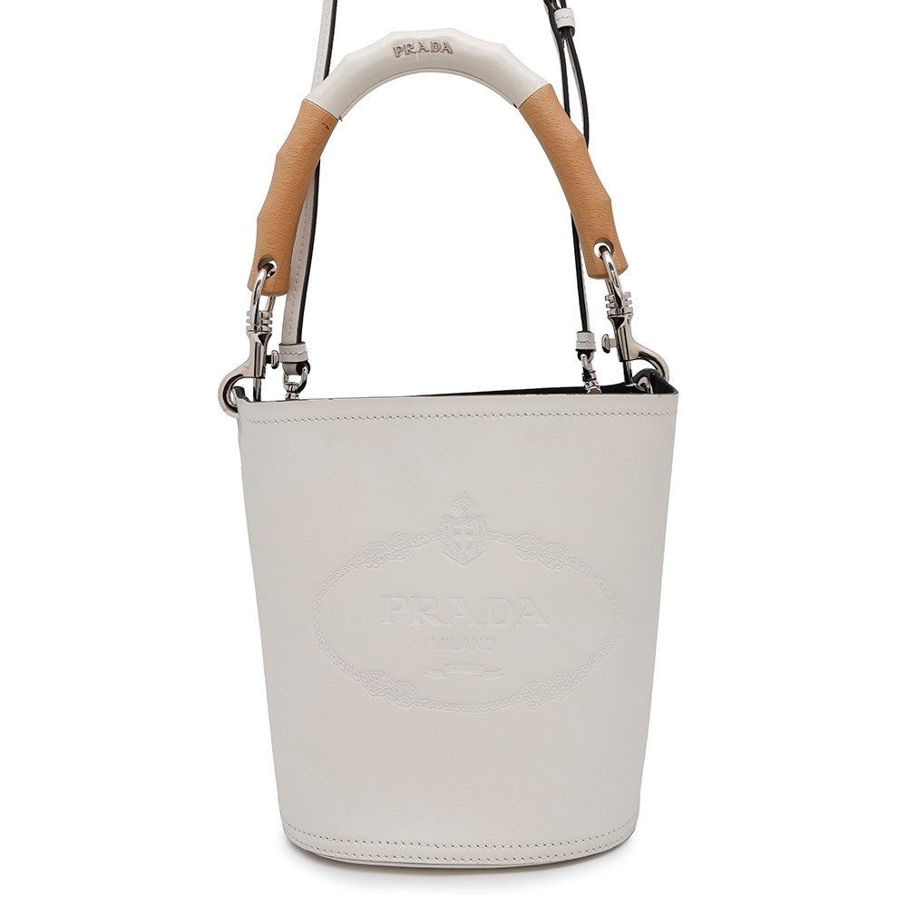 PRADA Tambour 2WAY Bucket Handbag White1BE048 Leather Wood