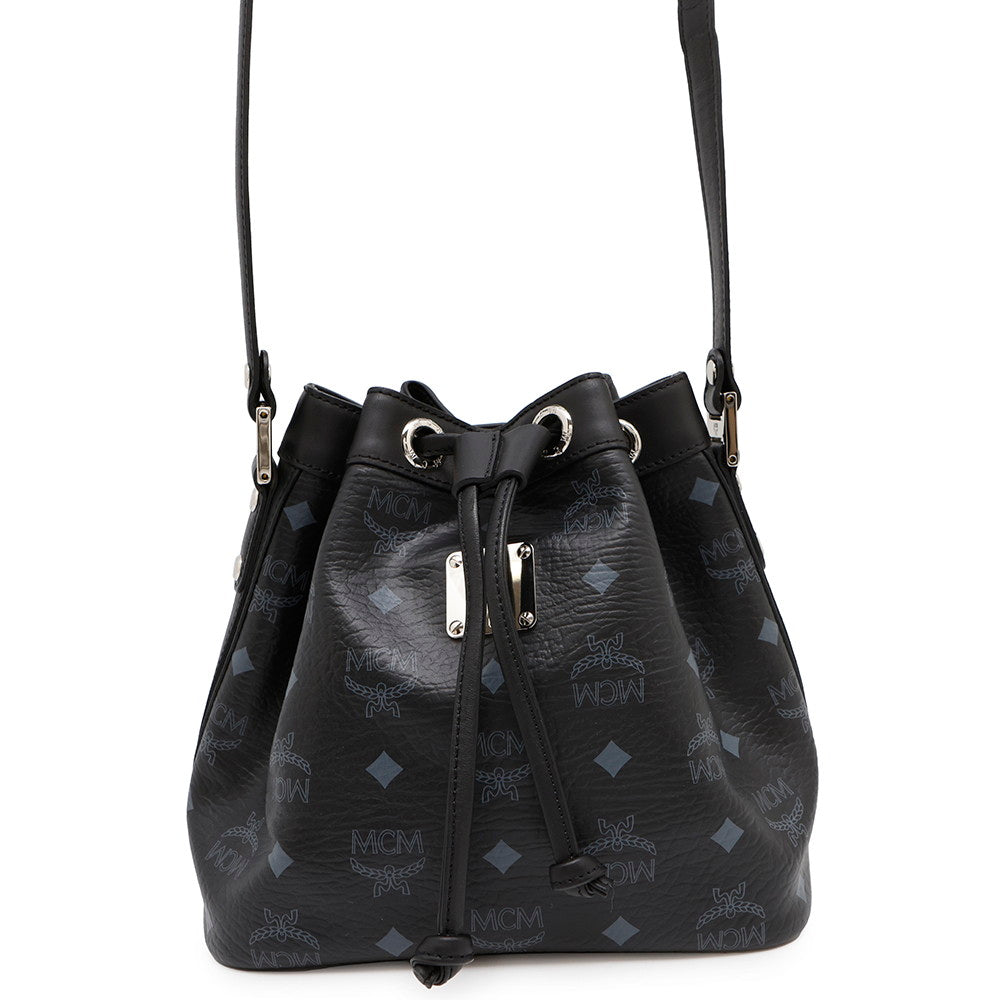 MCM Drawstring Shoulder Bag Black Leather