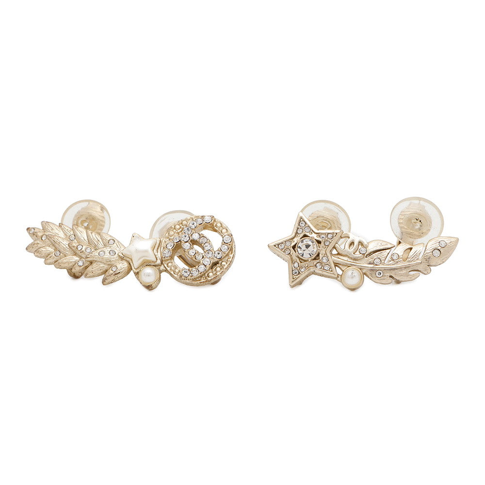 CHANEL Rhinestone Faux Pearl Star Earrings Gold Gold Plated