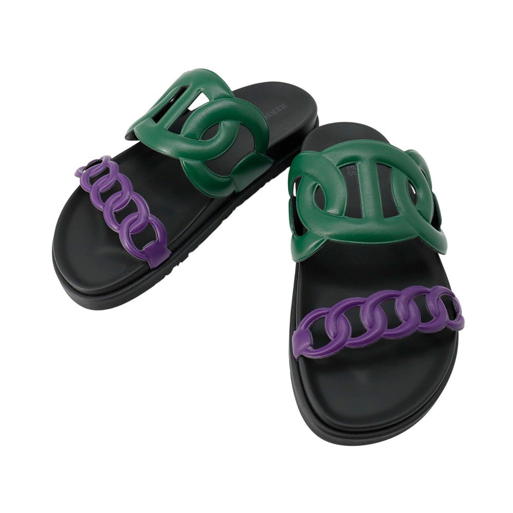 HERMES Sandals 《Extra》 Vert Electric/Violet/Black Leather Rubber Size 37.5