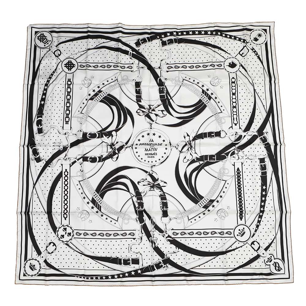 HERMES Giant Square Double Face Morning Walk Bandana Size 140 Black/White/Cuir Silk100%