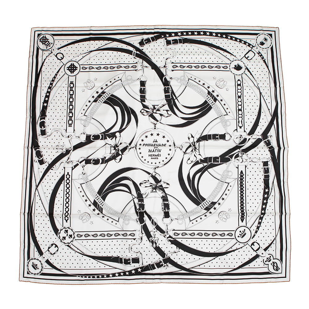 HERMES CAREDOUBLE FACE Morning Walk - Bandana Size 140 White/Black/Cuir Silk100%