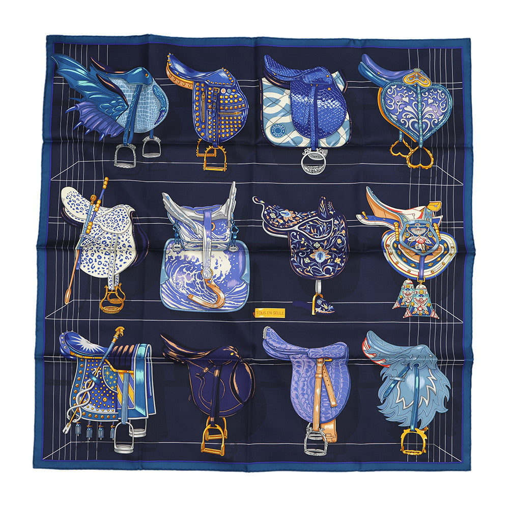 HERMES Carre Everything in the Saddle Size 90 Cobalt/Marine/Oar Silk100%