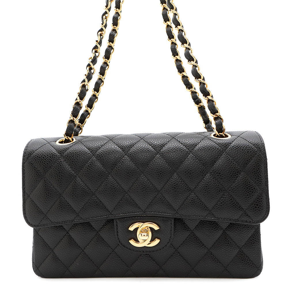 CHANEL Matelasse W Flap ChainShoulder Bag BlackA01113 Caviar Leather Size 23