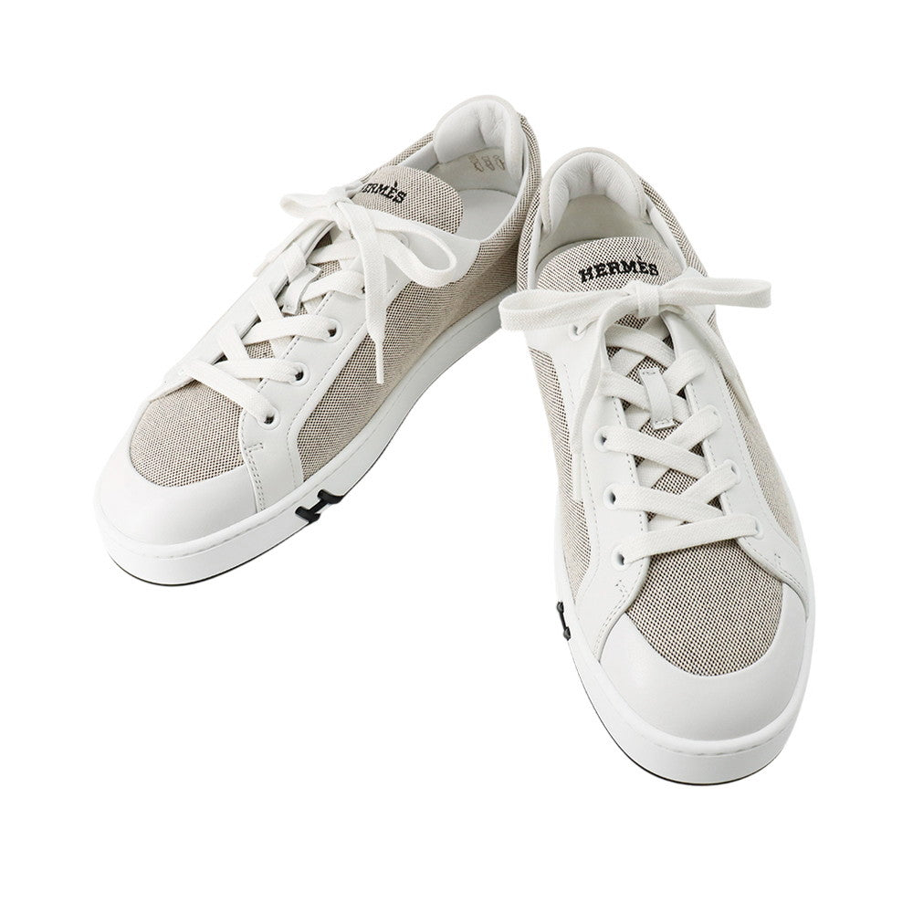 HERMES Sneakers Kid Plus Noir/White Toile H Calf Leather Chèvre Velour Size 38