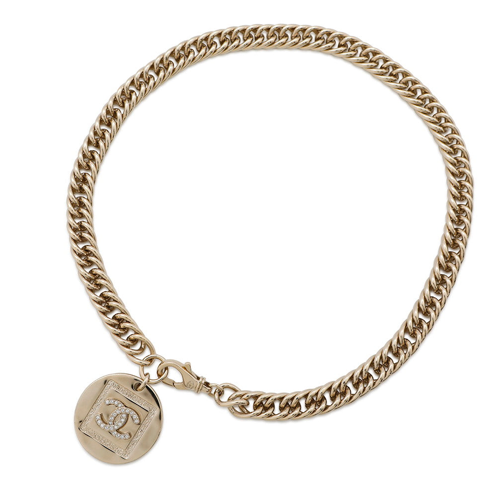 CHANEL Choker Necklace CC Logo Round Plate Gold Metal Rhinestone