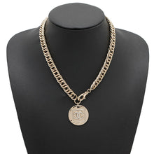 Load image into Gallery viewer, CHANEL Choker Necklace CC Logo Round Plate Gold Metal Rhinestone
