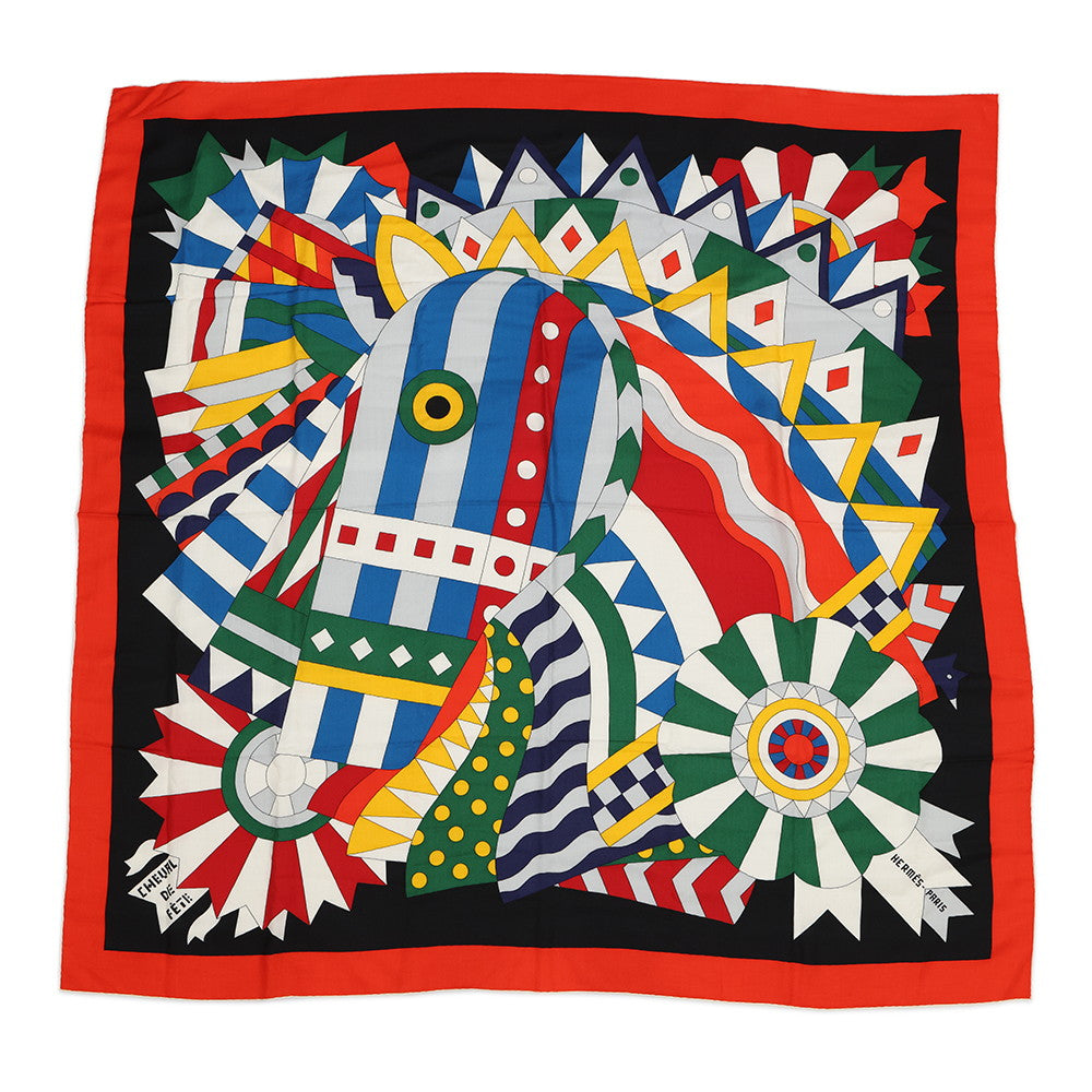 HERMES Giant Square Cheval de Fete Size 140 Vermillon/Black/Multicolor Cashmere70% Silk30%