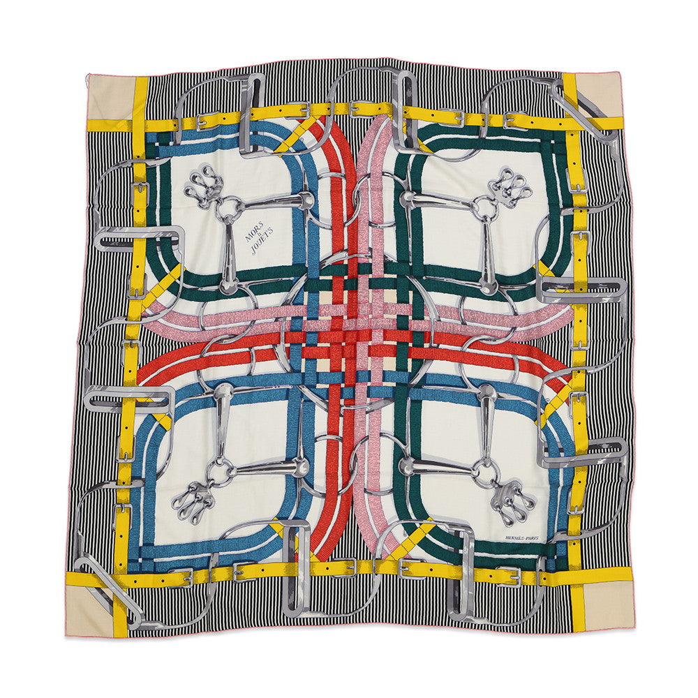 HERMES Giant Square MORS A JOUETS Horse Bit Size 140 Jaune/Multicolor Cashmere70% Silk30%