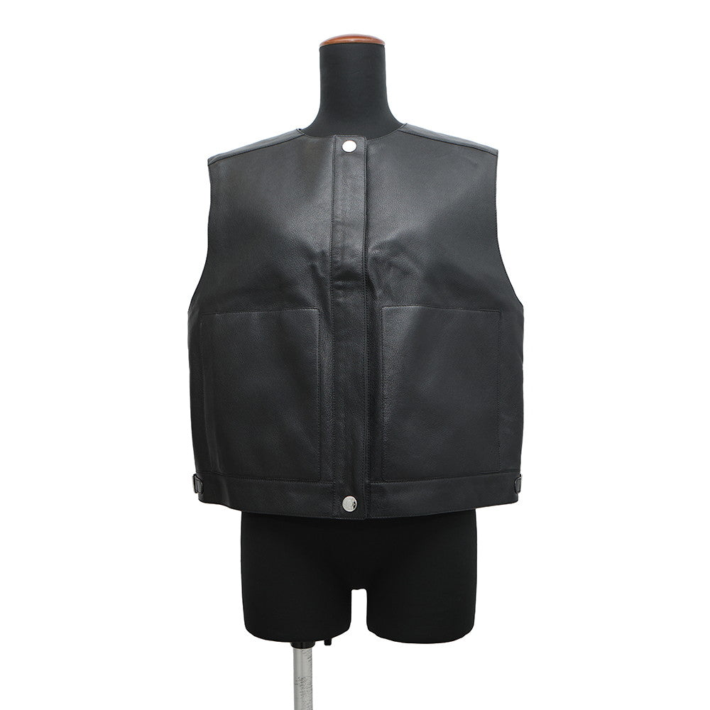 HERMES Serie Button Sleeveless Vest Size 42 Black Goatskin Leather