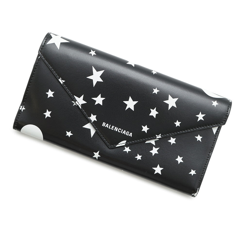 BALENCIAGA Paper Star Print Long Wallet Black/White499207 Leather