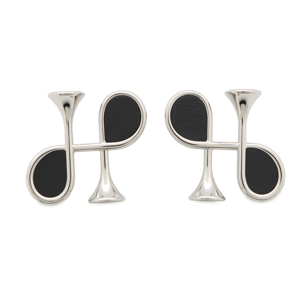 HERMES Col H Earrings Black Swift Leather Metal