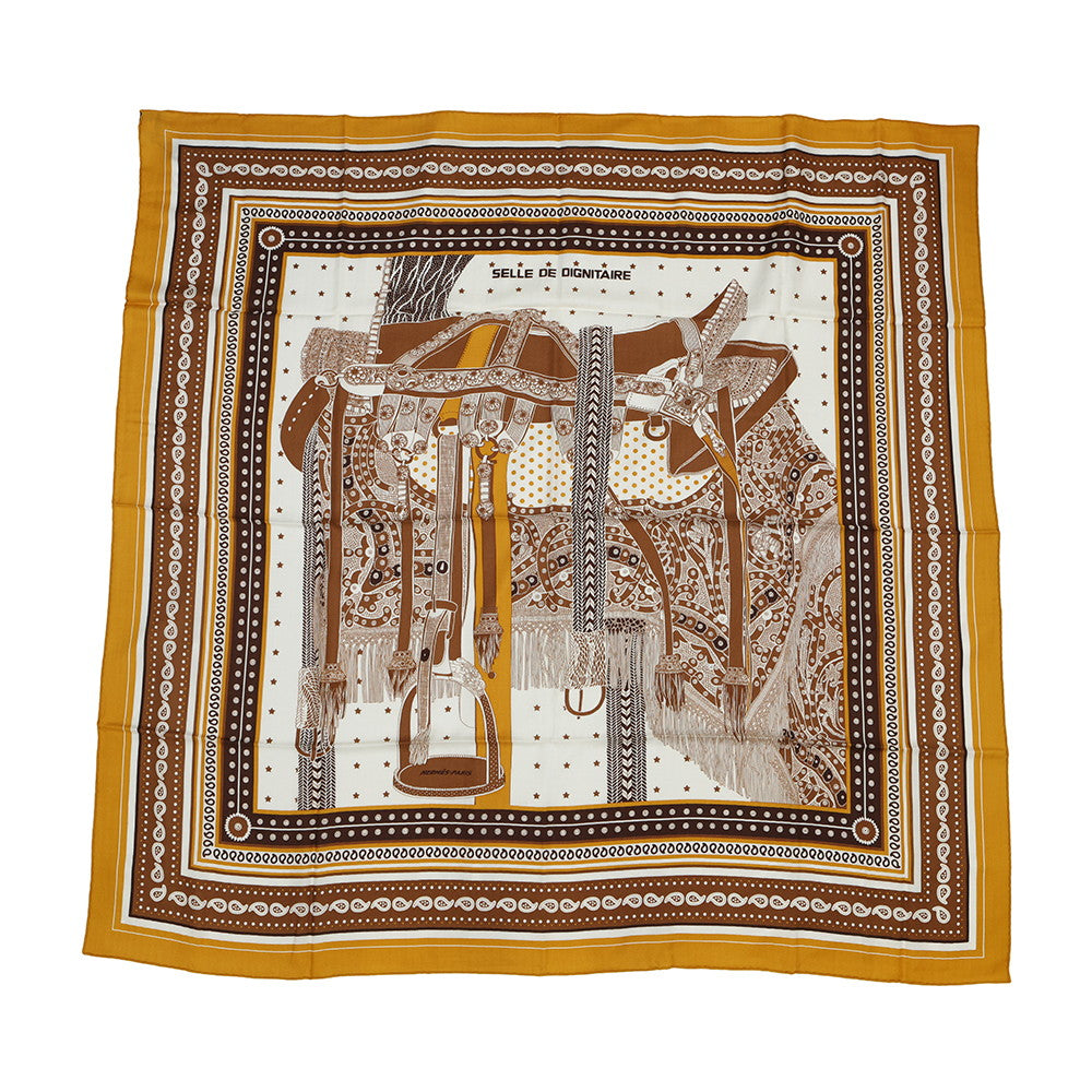 HERMES Giant Square Dignitary's Saddle SELLE DE DIGNITAIRE Size 140 Curry/Camel/Blanc Cashmere70% Silk30%