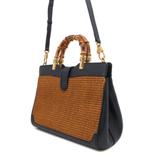 将图像加载到图库查看器中，GUCCI Japan Limited Edition Double GG Bamboo Top Handle Bag Navy655657 Straw Leather
