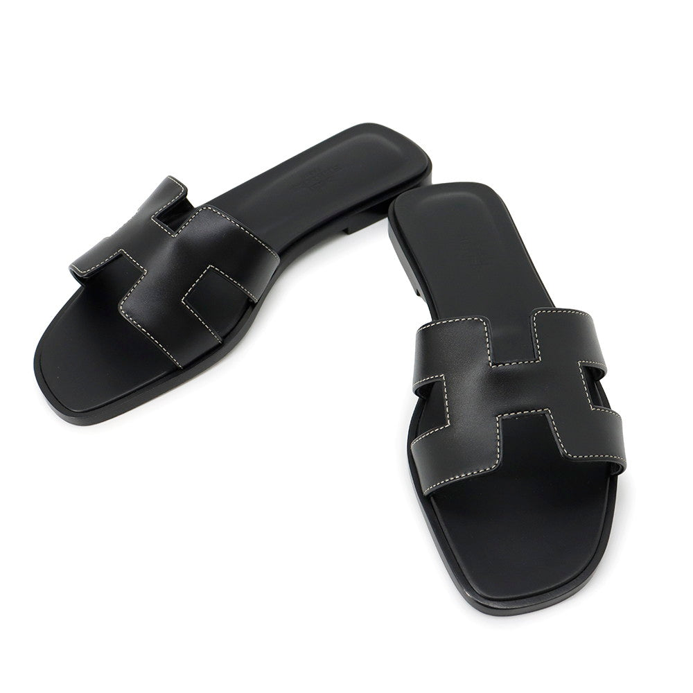 HERMES Oran Sandals BlackH021056Z Leather Size 36.5