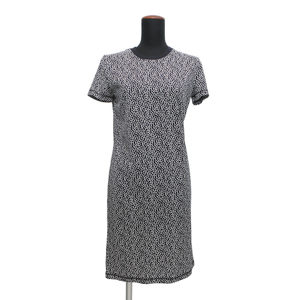 HERMES Naoussa Chain Micro Print Dress One Piece Size 34 Blue Noir Cotton100%