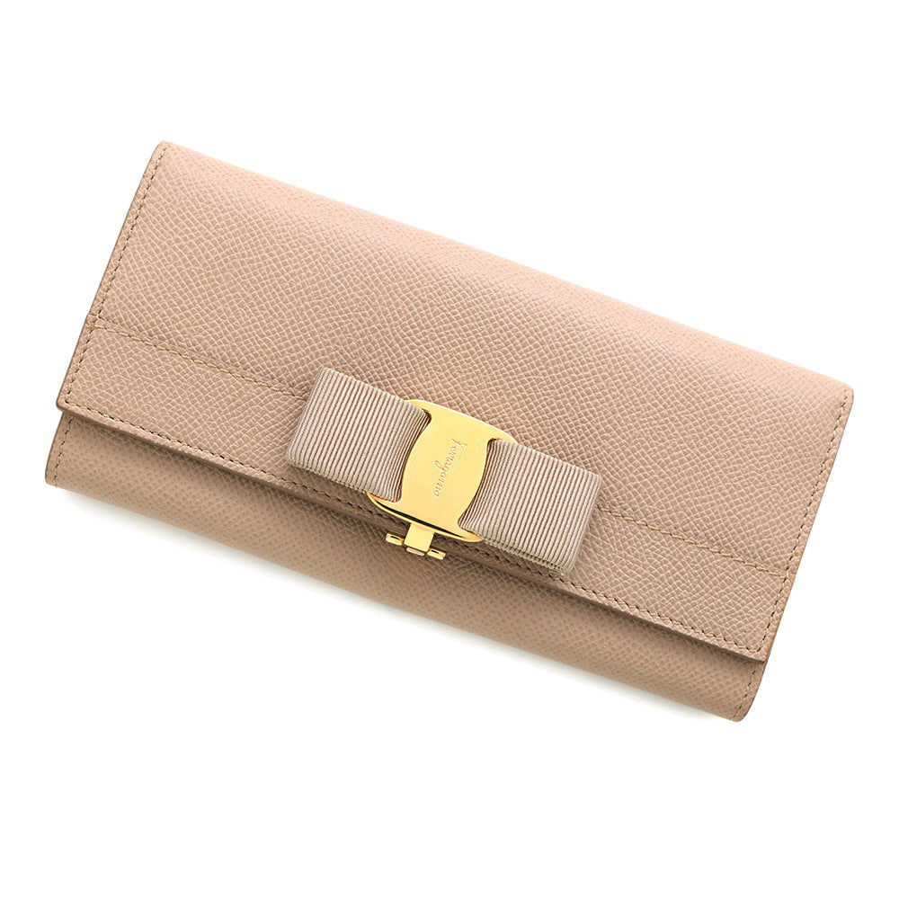 Ferragamo Vara Ribbon Bifold Wallet Long Wallet Pink Leather