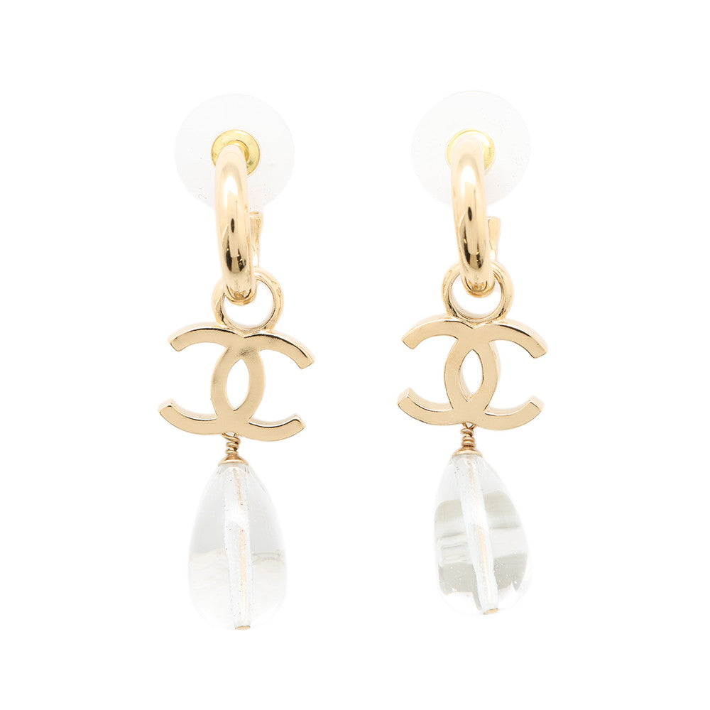 CHANEL CC Logo Hoop Drop Motif Earrings Metal Resin