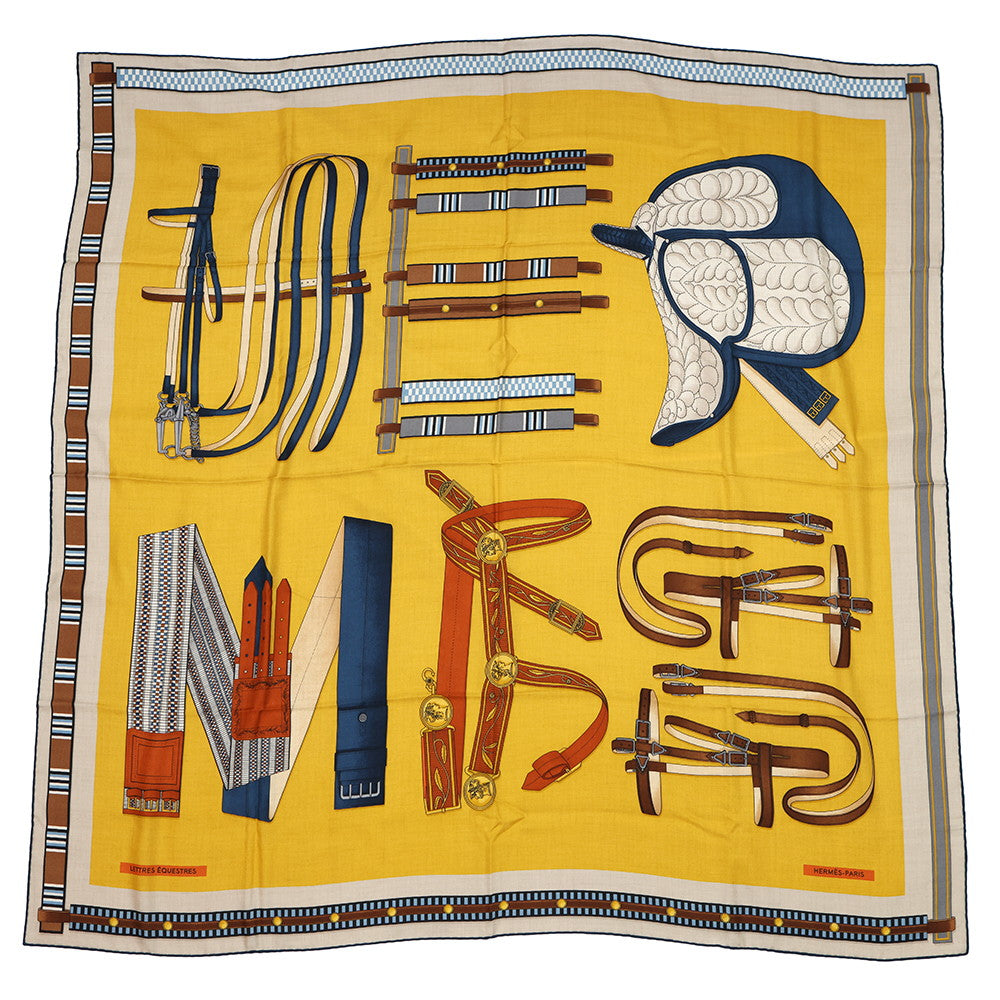 HERMES Carre LETTRES EQUESTRES Size 140 Miel/Blue/Brown Cashmere70% Silk30%