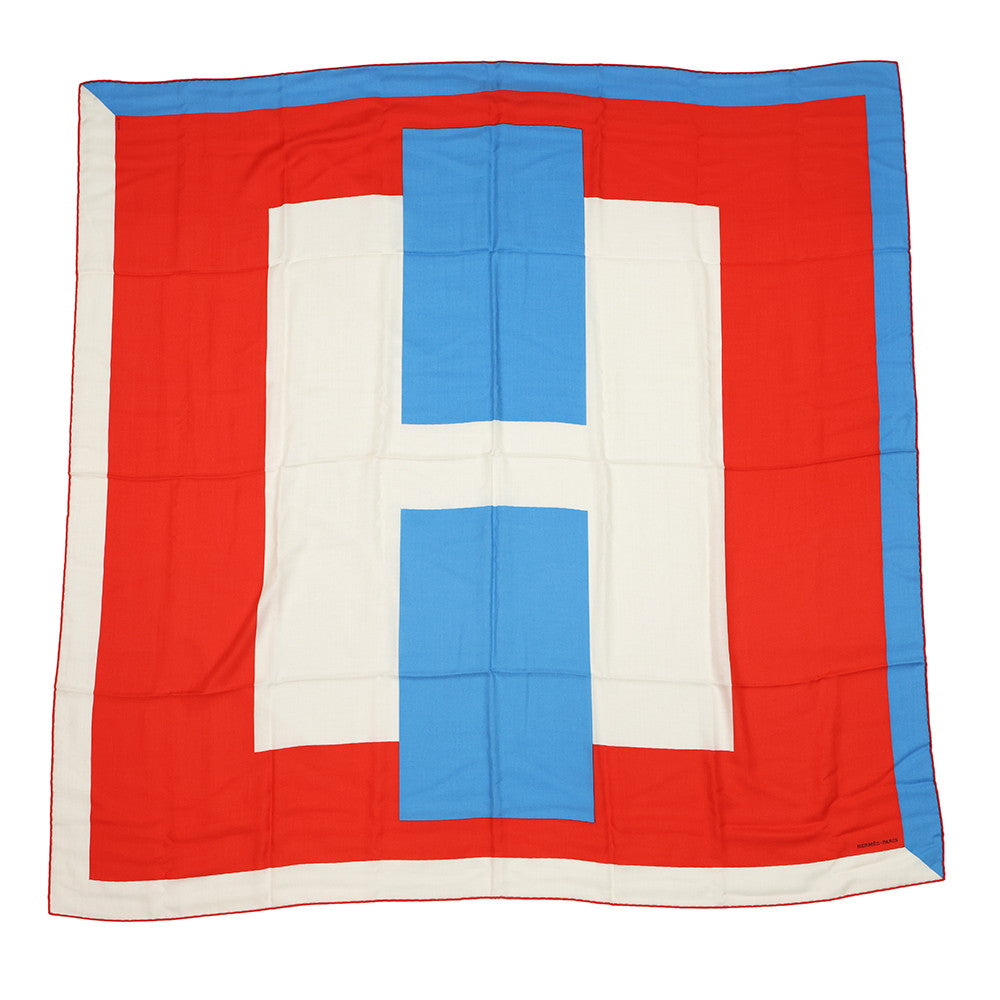 HERMES Carre Jean H PASSANT H・Passant Size 140 Rouge/Blue/Blanc Cashmere70% Silk30%